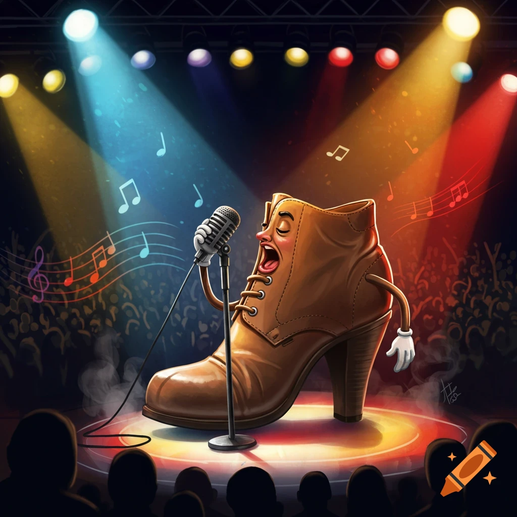 A brown anthropomorphic boot sings into a microphone on a brightly lit stage with musical notes and an audience. Cartoon style.