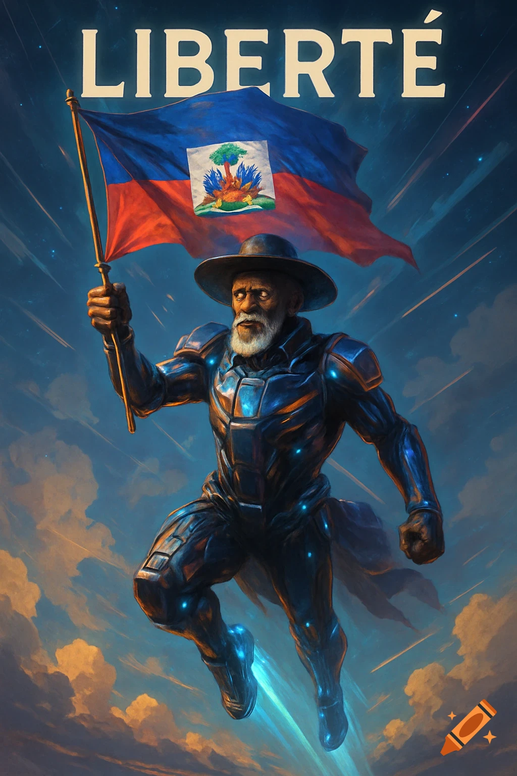 A bearded old man in a glowing futuristic suit floats through a cloudy sky, holding a Haitian flag. The word LIBERT É is above him.