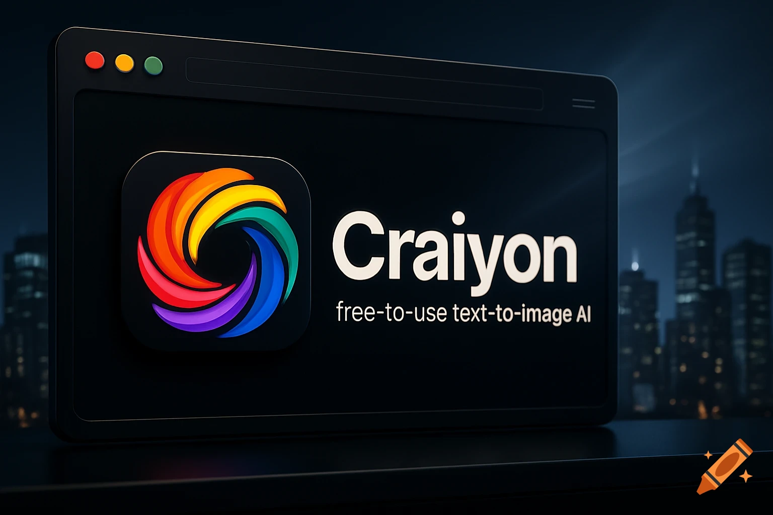 A browser window displays the colorful Craiyon logo and text 'Craiyon free-to-use text-to-image AI' against a cityscape.