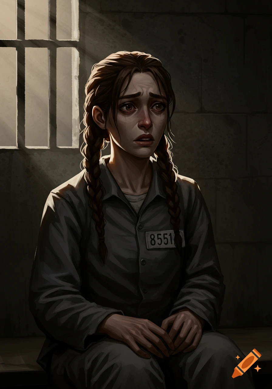 A sad young woman with braids in a prisoner's uniform sits in a dimly lit prison cell with light from a barred window.