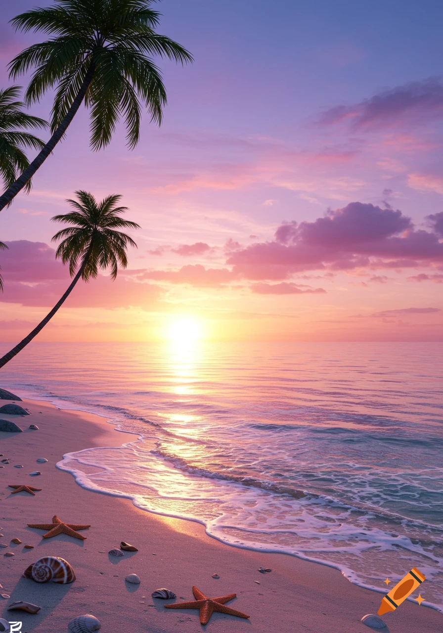 A vibrant photorealistic image of a sunset over a tropical beach with palm trees, ocean waves, and starfish on the sand.