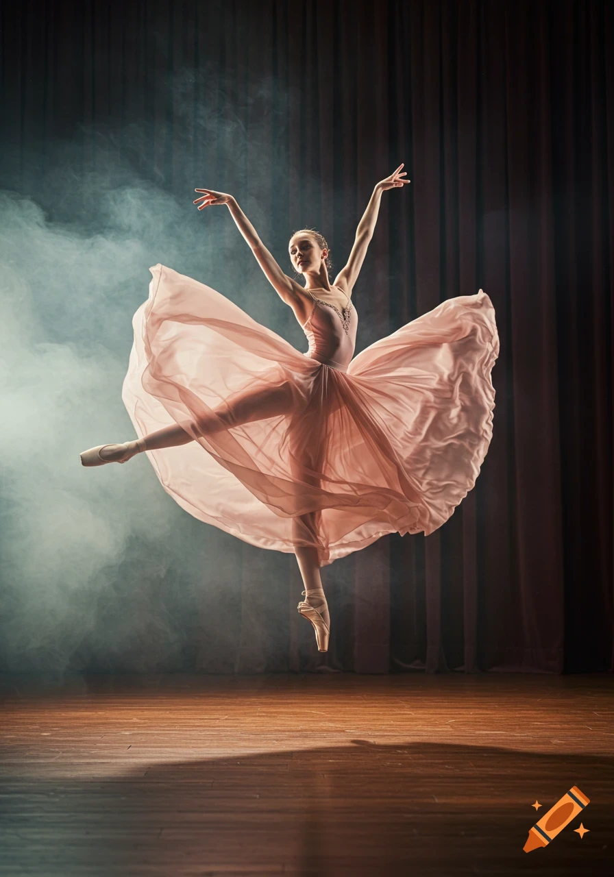 A photorealistic image of a ballerina in a pink dress leaping on a stage with dramatic lighting and smoke.