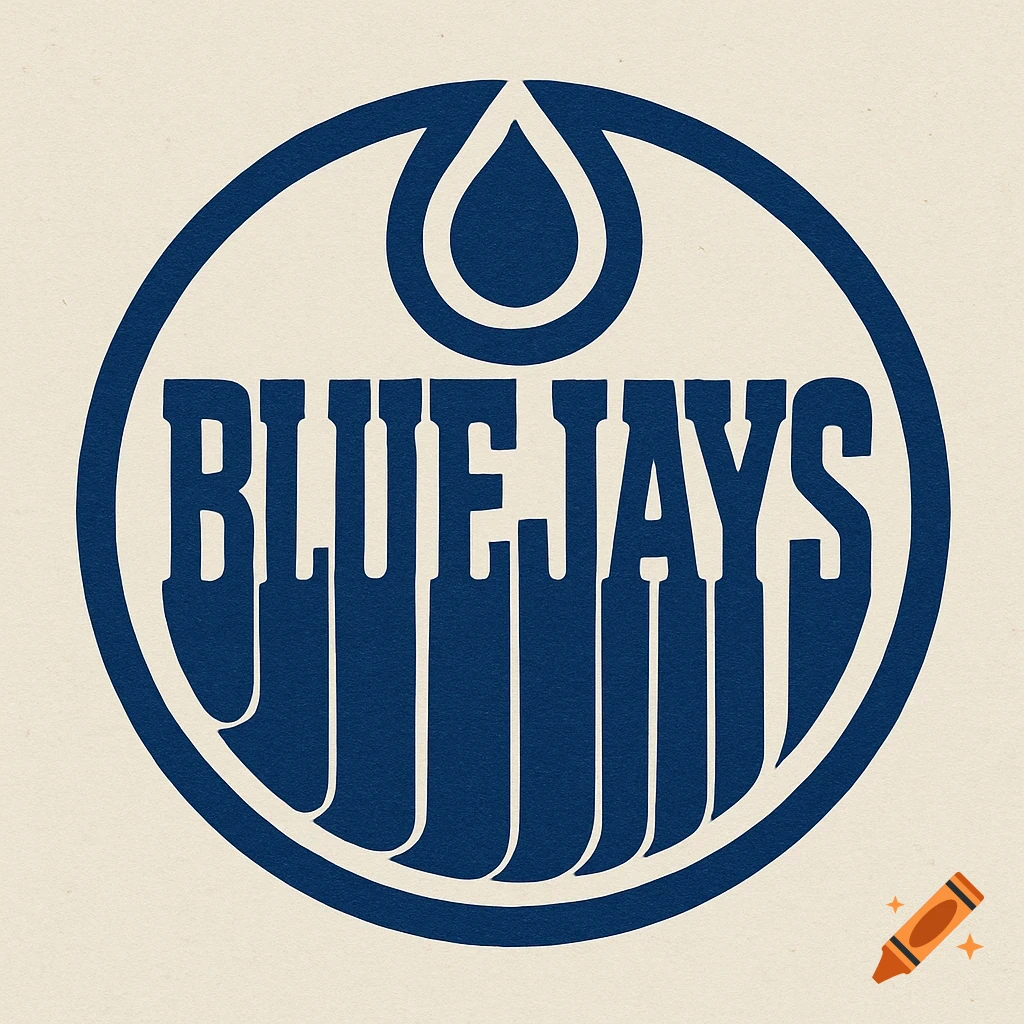Blue circular logo with the word BLUEJAYS in a retro font and an oil drop symbol, styled after the Edmonton Oilers logo.