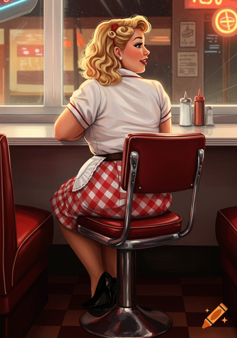 An illustration of a blonde woman in a red plaid waitress skirt sitting at a diner counter.