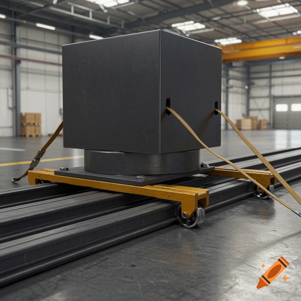 A dark cuboid object on a yellow transportation cradle, resting on rails inside a spacious industrial warehouse.