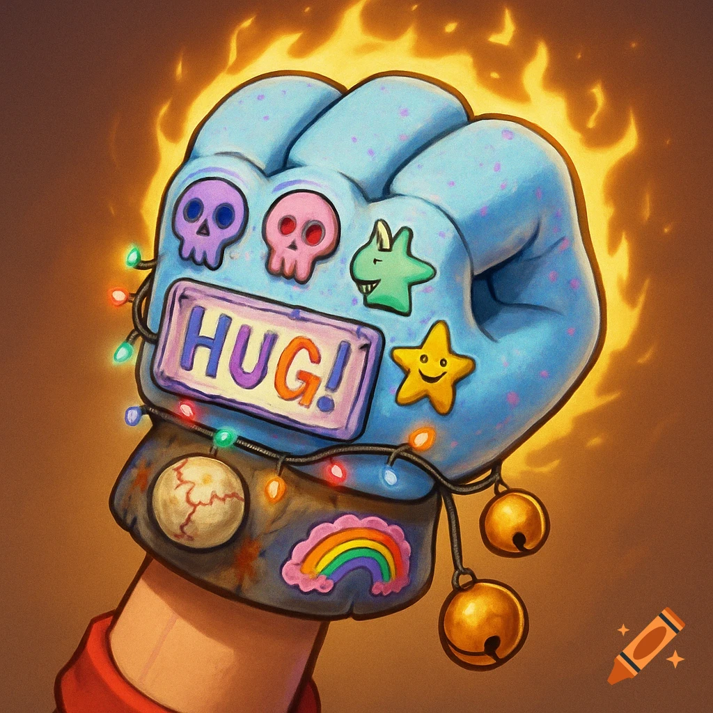 A cartoonish blue foam fist adorned with colorful stickers including skulls, a unicorn, a star, and a rainbow. It has string lights, jingle bells, and a sign saying 'HUG!' surrounded by a fiery aura.