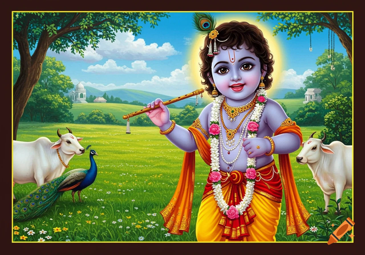 A vibrant illustration of baby Krishna with blue skin, holding a flute, surrounded by a peacock and two cows in a sunny green field.