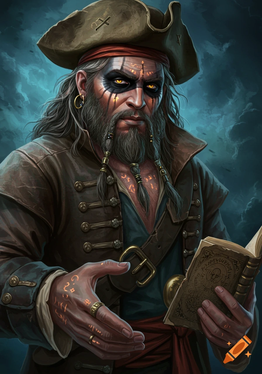 A serious male pirate soothsayer with long grey hair, a beard with braids, and mystical glowing makeup on his face and hands, holding an open book of spells.