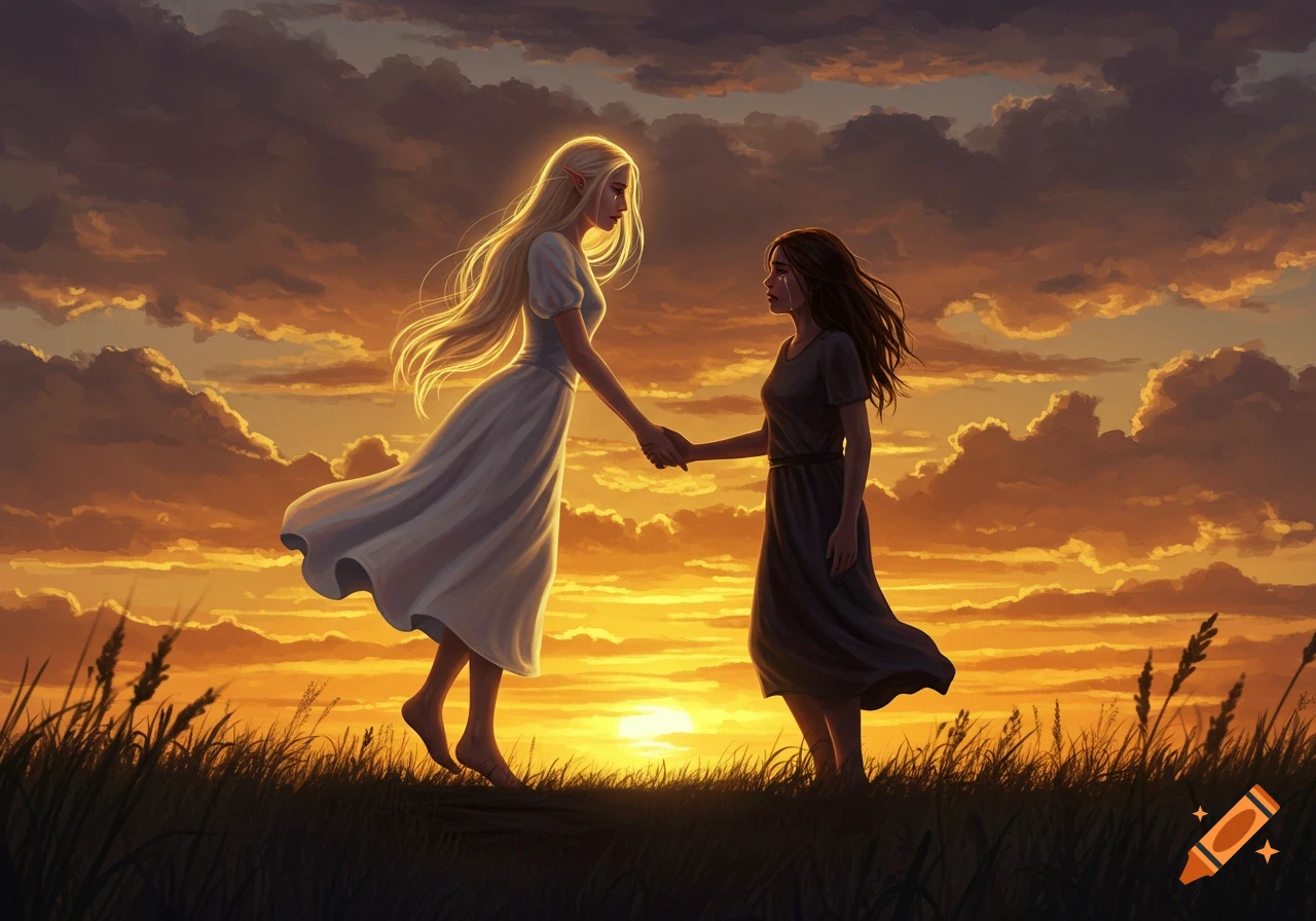 Two women, one glowing and floating, holding hands with a tearful woman in a field at sunset.