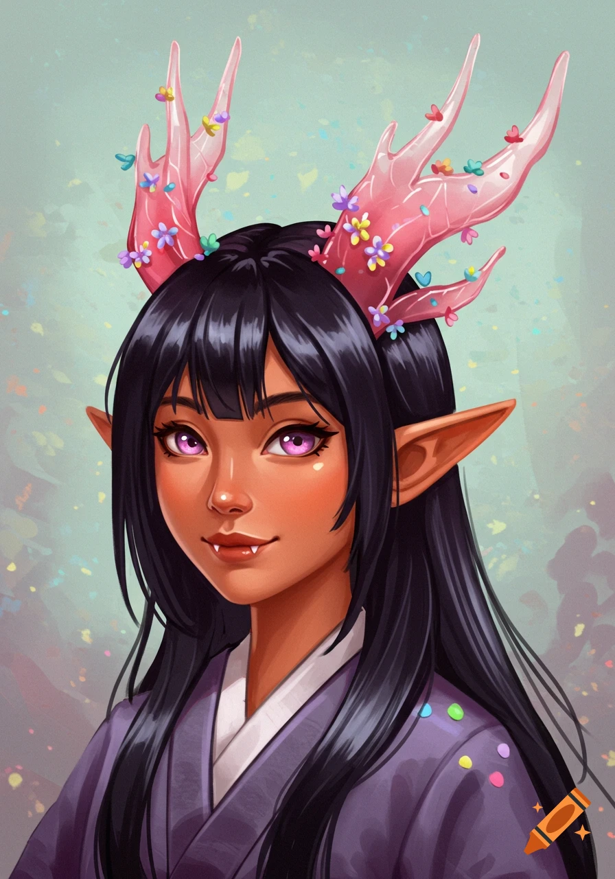 A 2D art portrait of a girl with long black hair, elf ears, pink eyes, fangs, and pink transparent dragon horns adorned with small flowers. She wears a purple kimono.