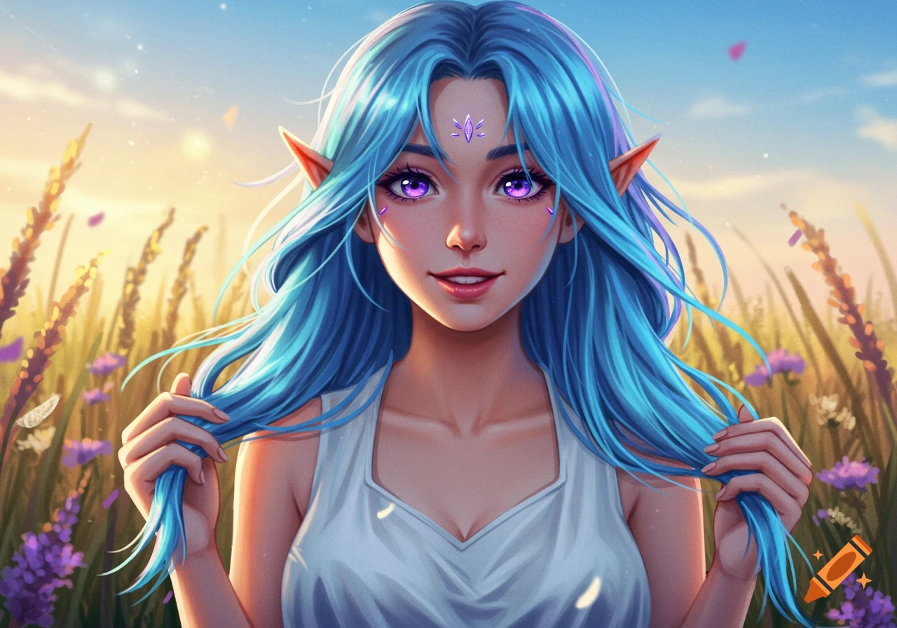 A fantasy portrait of an elf-like woman with long blue hair and purple eyes, smiling in a sunny field.