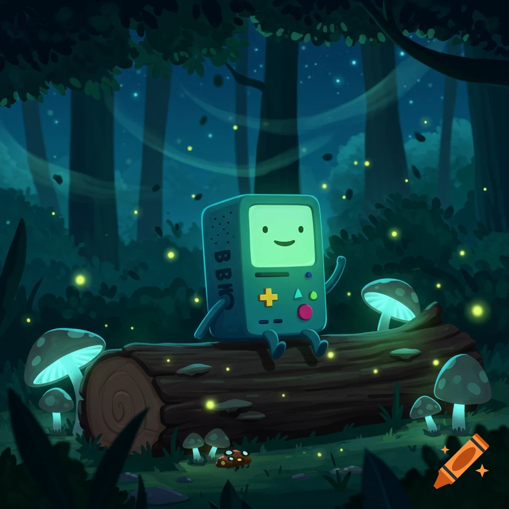 Cartoon character BMO sits on a log in a dark forest with glowing mushrooms and fireflies, in a whimsical style.