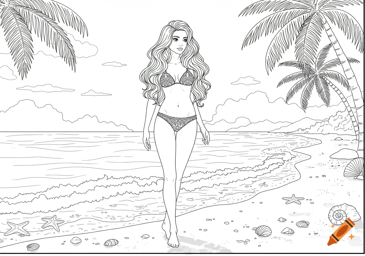 Black and white line art of a woman in a bikini walking on a beach with palm trees and seashells, in a coloring book style.