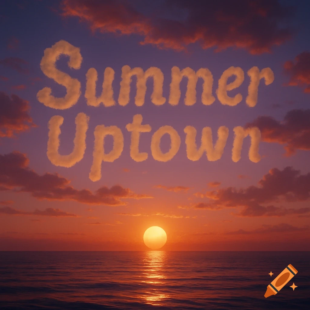 Cloud letters spelling 'Summer Uptown' float above a vibrant sunset over a calm ocean.