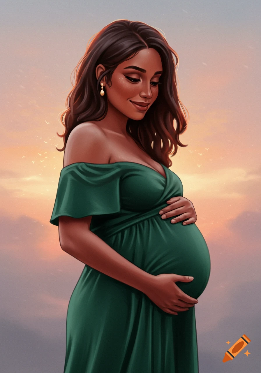 Illustrated portrait of a pregnant woman in a green dress holding her belly, against a soft sky background.