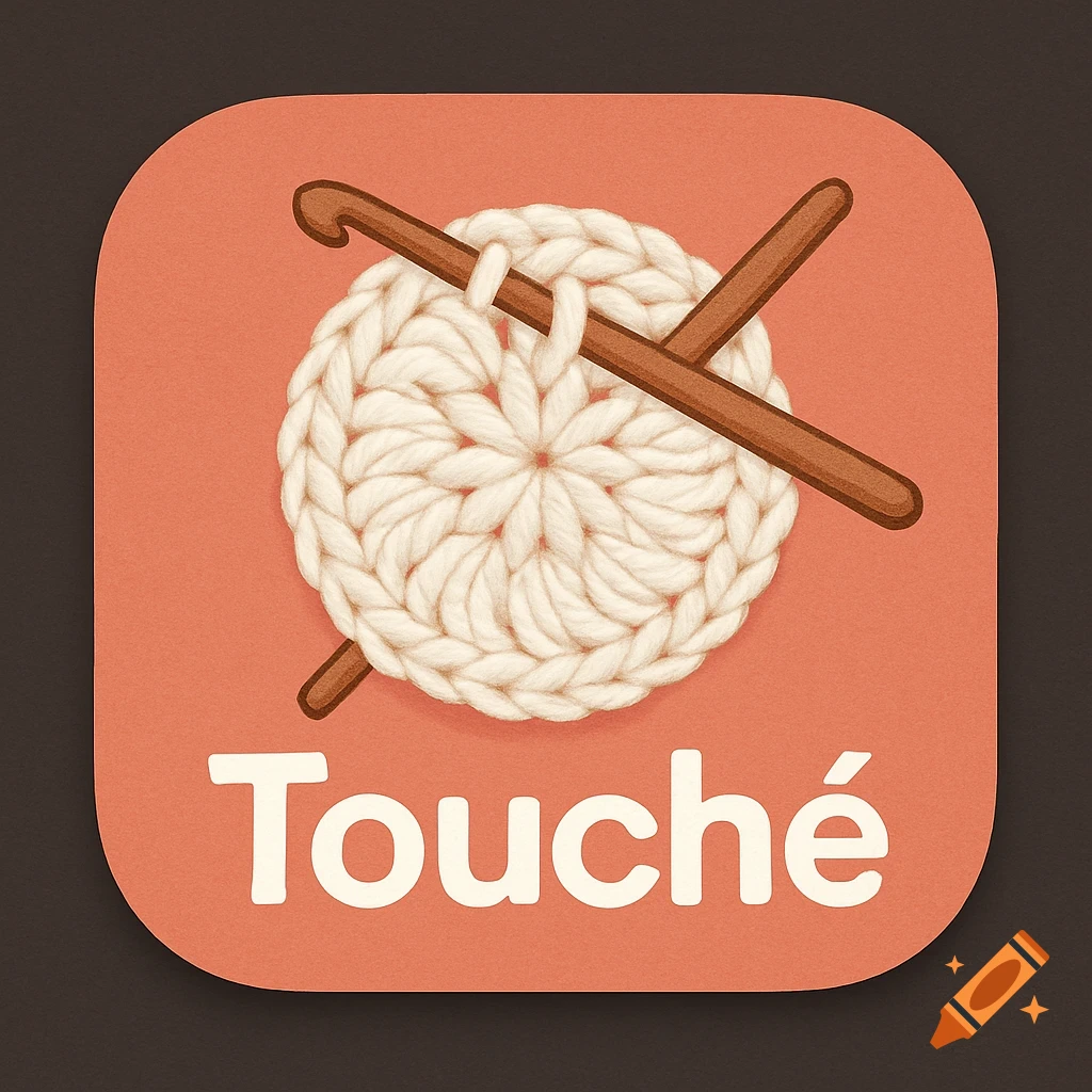 A reddish-orange app icon featuring a white crocheted circle and two brown crochet hooks crossed over it, with the word 'Touché' below.