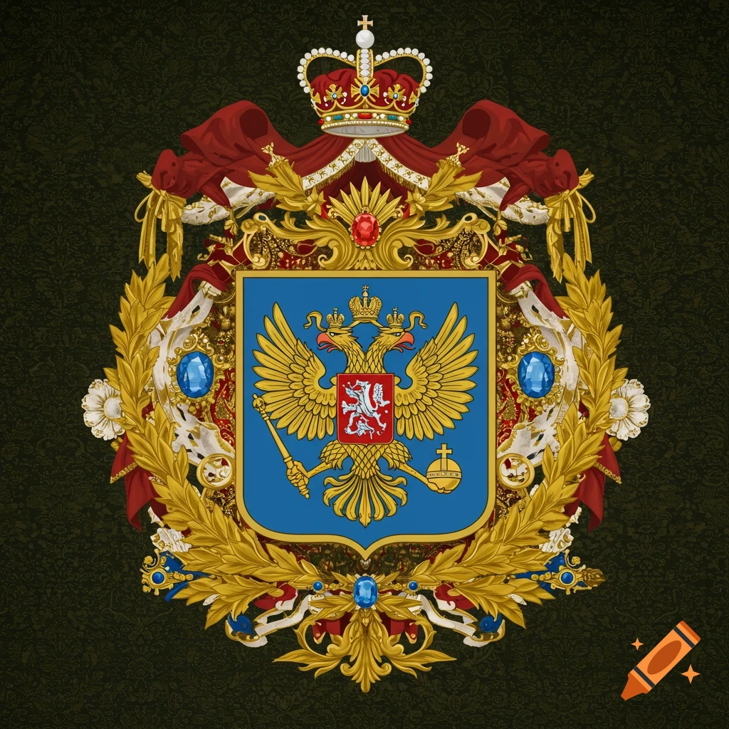 An elaborate gold and red coat of arms with a blue shield featuring a double-headed golden eagle holding a scepter and orb.