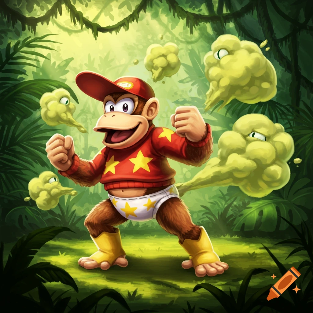 Diddy Kong farting large yellowish-green fumes in a jungle, wearing a red sweater, star-patterned diaper, and yellow boots.