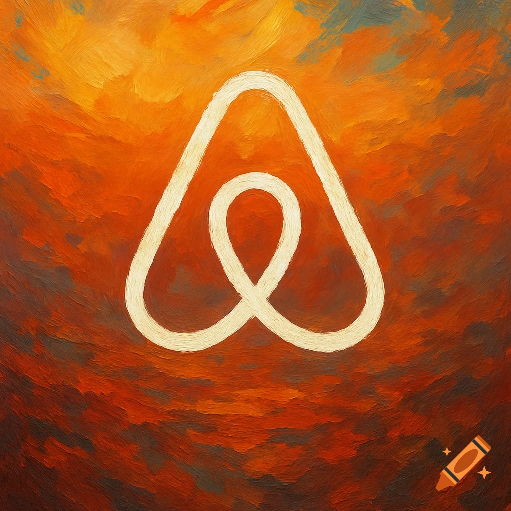 Airbnb logo painted in thick impasto style, set against a warm, textured background with shades of orange and brown.