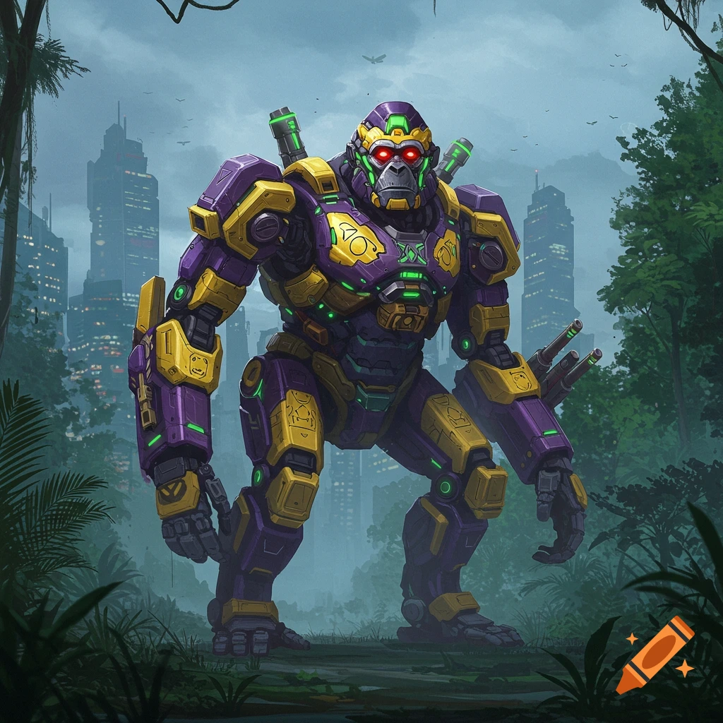 A massive, bulky cybernetic robot mech resembling an ape, with purple and golden yellow armor and green trim. It has glowing red eyes and stands on a pathway transitioning from a city to a dense tropical forest biome.
