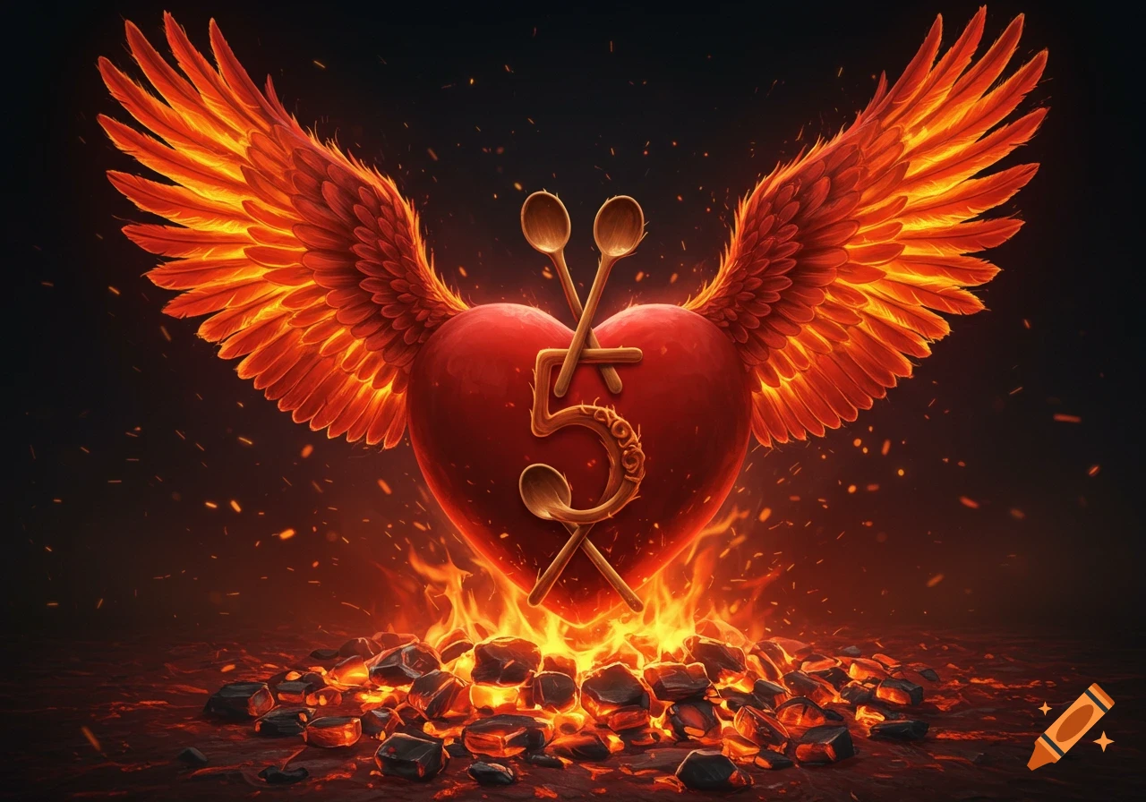 A fiery red heart with glowing phoenix wings floats above burning coals, with the number 5 made of wooden spoons in its center.