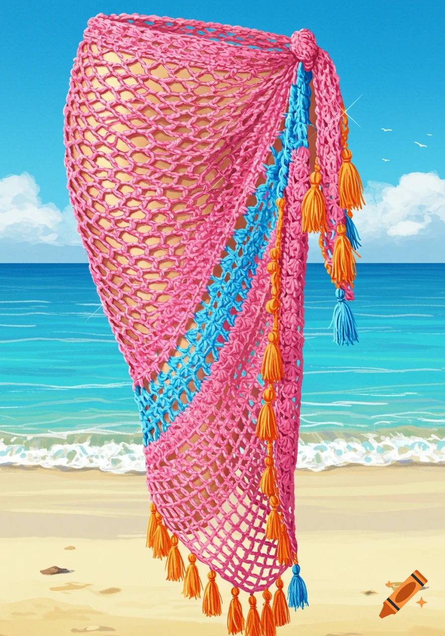 A vibrant pink and blue crochet swimsuit wrap with orange and blue tassels on a sandy beach.