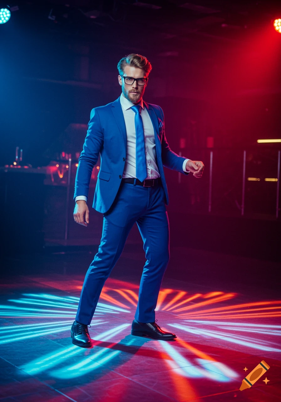A man with blonde hair and beard, wearing glasses, a blue suit, and a blue tie, stands on a dance floor illuminated by red and blue stage lights.