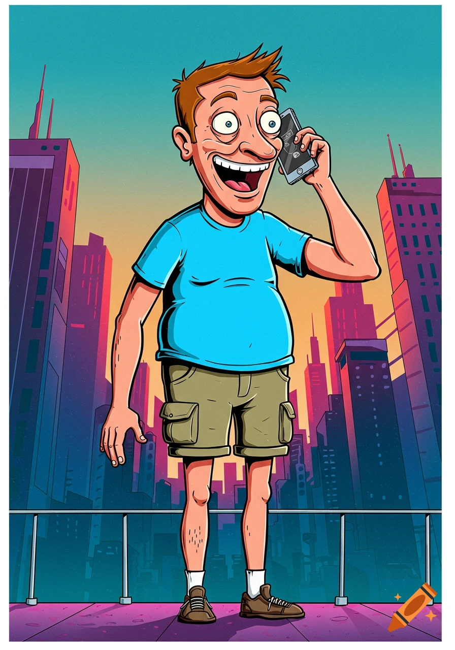 Cartoon man with exaggerated features smiling, talking on a smartphone on a city rooftop at sunset.