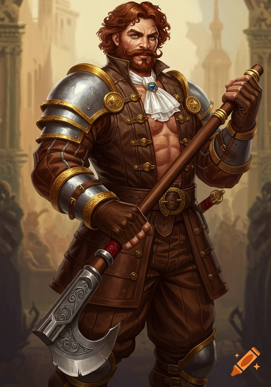 A muscular man with red hair, a beard, and a curly mustache, wearing ornate brown leather armor and holding an axe, stands in front of a city background.