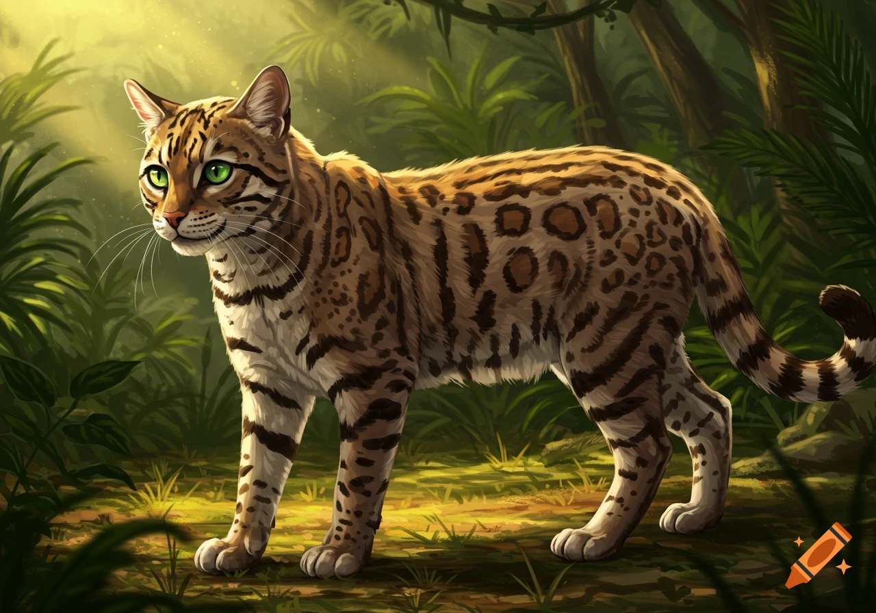 An illustrated ocelot-like cat with green eyes stands in a sunlit jungle.