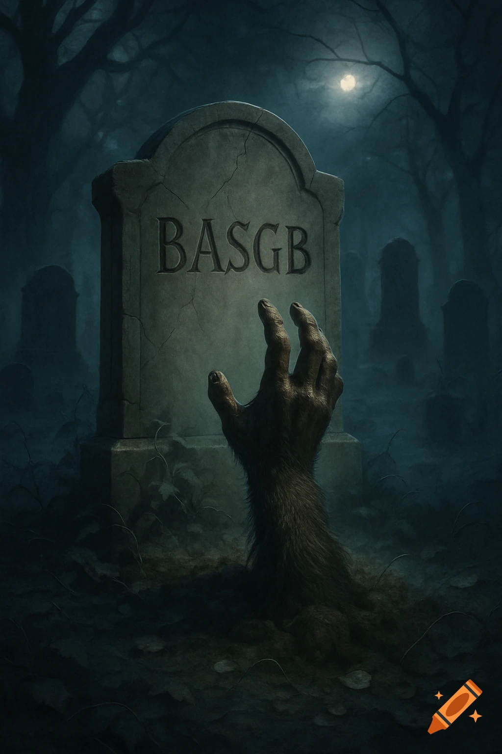 A hairy, monstrous hand emerges from the ground in front of a tombstone marked 'BASGB' in a dark, moonlit graveyard.