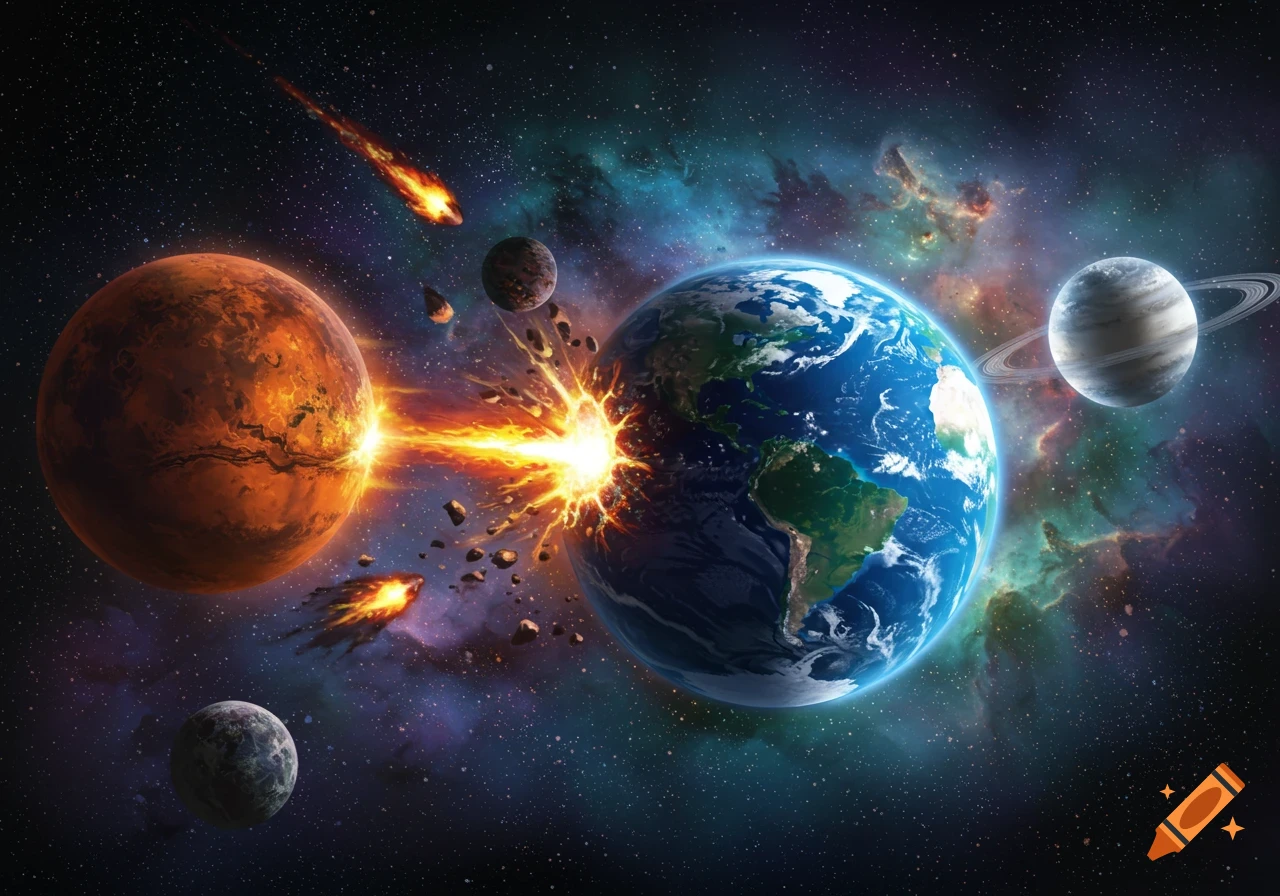 Earth colliding with a fiery orange planet in space, surrounded by debris, a bright explosion, and distant planets in a colorful nebula.