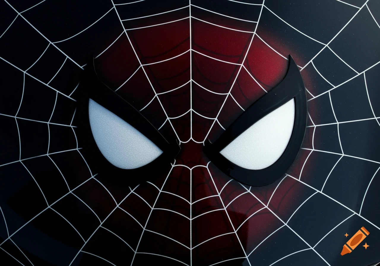 Close-up of a custom-painted car hood in a Spider-Man design, featuring black background, white webs, and large white eyes with red accents.