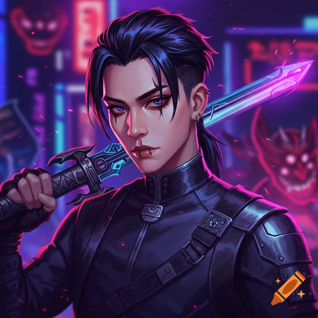 A stylized character with dark hair and purple eyes, holding a glowing sword, against a neon cyberpunk city background.
