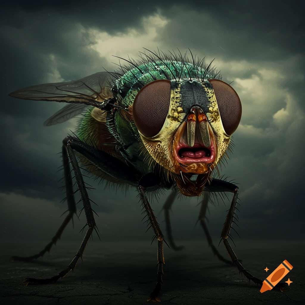 A giant, detailed fly with a human-like, horrified face stares forward under a dark, cloudy sky.