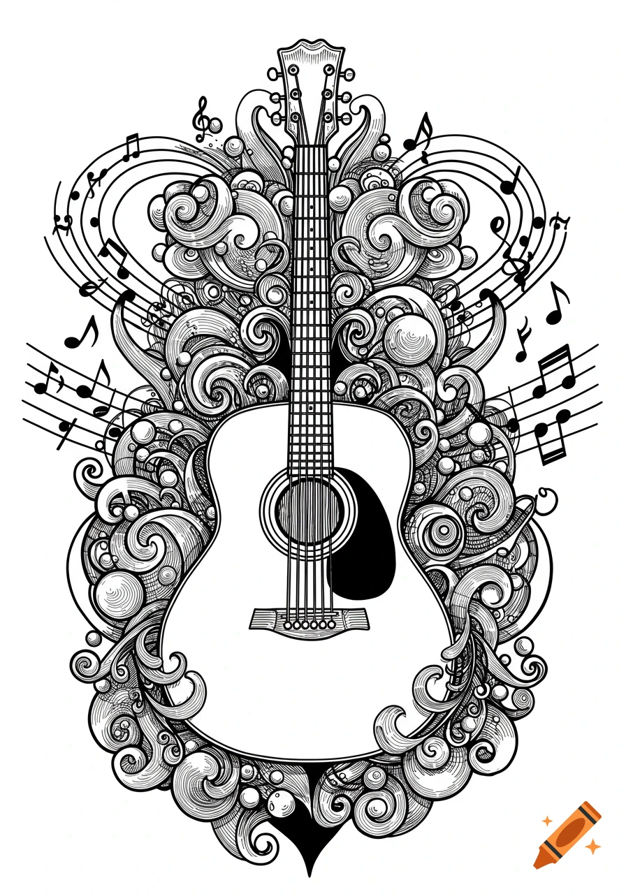 Black and white line art illustration of an acoustic guitar surrounded by swirling designs and musical notes.