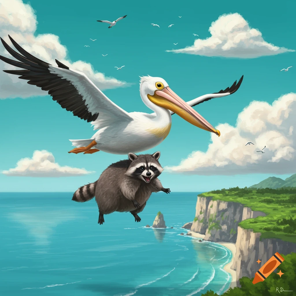 A cartoon illustration shows a white pelican flying above an ocean with a fluffy raccoon flying alongside it, near green cliffs.