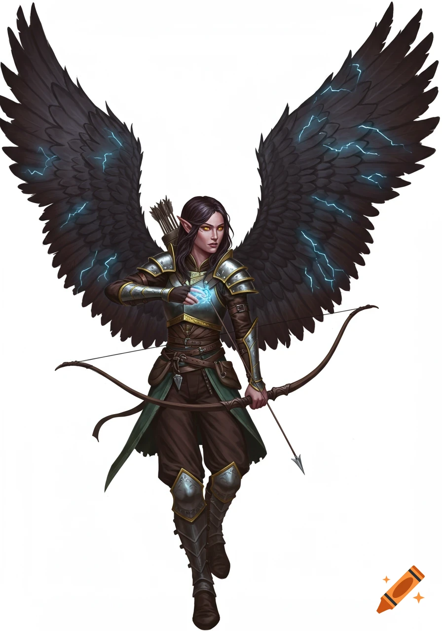 A dark-haired fantasy warrior with large black feathered wings crackling with blue electricity, holding a bow and a glowing orb, wearing armor.