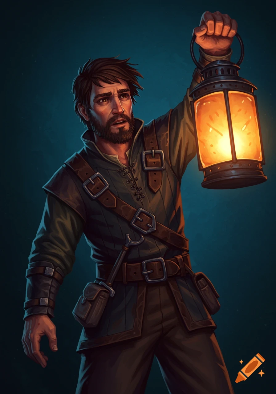 A man with a beard in adventurer's gear holds up a glowing lantern in the dark.