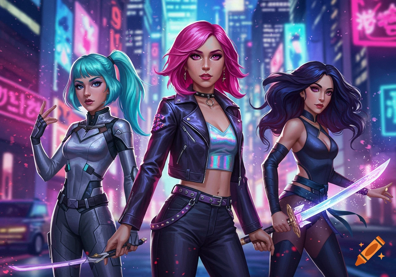 Three stylized female characters with colorful hair and swords stand in a futuristic cyberpunk city at night.