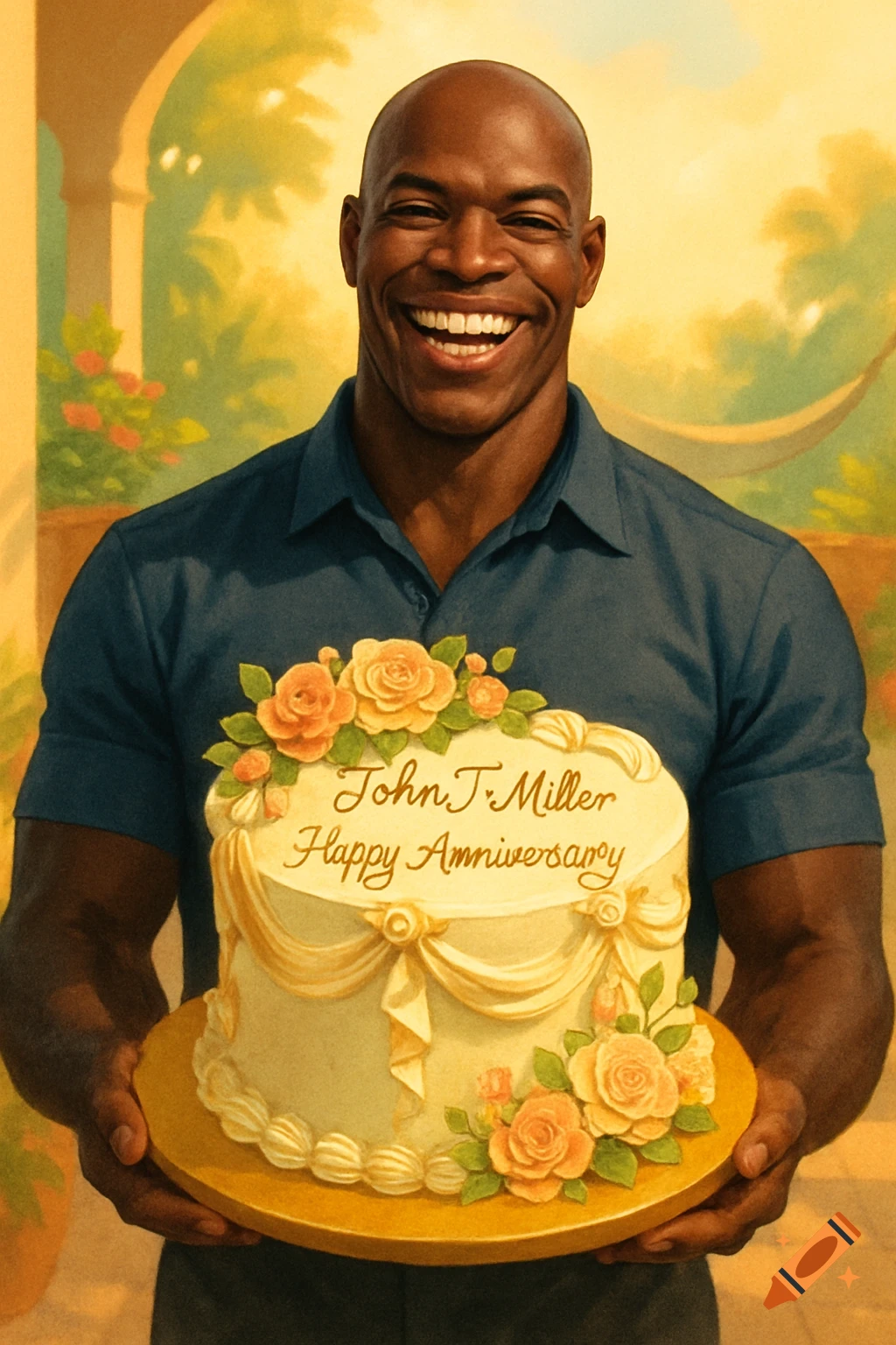 A smiling bald Black man in a blue shirt holds a white anniversary cake decorated with orange roses and text.