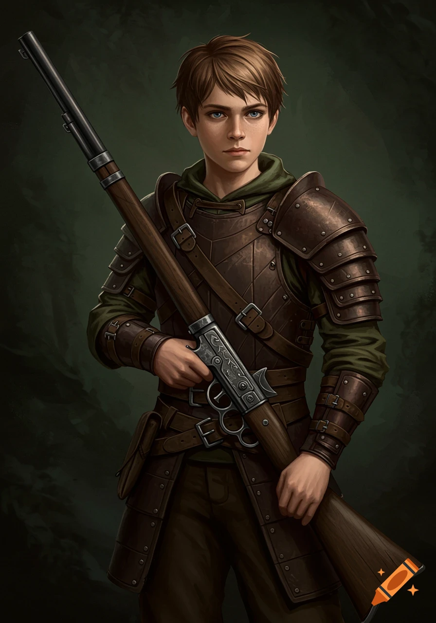 A young boy with brown hair and blue eyes stands wearing brown leather armor and holding an old rifle.