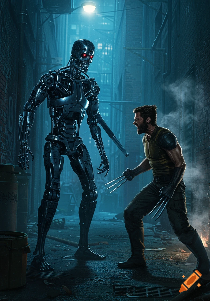 A heavily armored Terminator robot with glowing red eyes confronts Wolverine, who is in a fighting stance with his claws extended, in a dark, wet alleyway under a streetlamp.