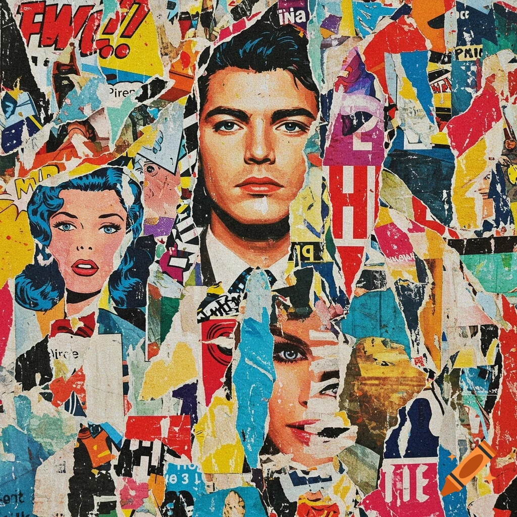 A vibrant pop art collage features a central man's face and two women's faces, all made from colorful torn paper scraps with partial text.