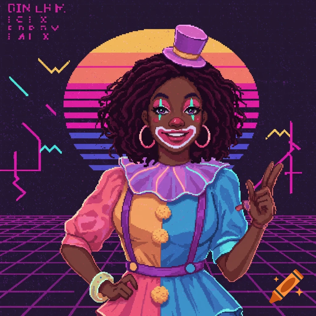 Pixel art of an African female clown in a vibrant 80s retro arcade setting, smiling and holding up two fingers.