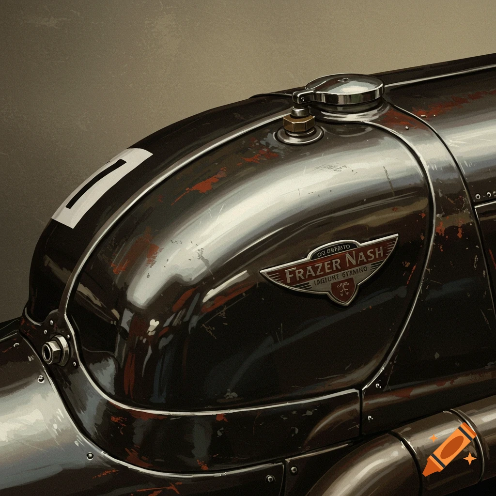 A close-up of a worn, dark metallic fuel tank from a vintage Frazer Nash vehicle, featuring a prominent "Frazer Nash" emblem and the number "1" on its side.