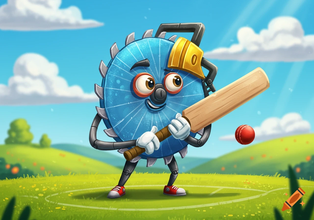 A fun, cartoony anthropomorphic blue buzzsaw character holding a cricket bat on a green field with a red ball.