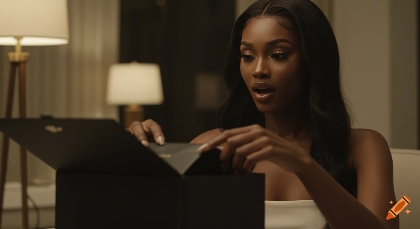 A beautiful Black woman unboxes a luxury item, looking surprised. She holds a small card with a gold logo.