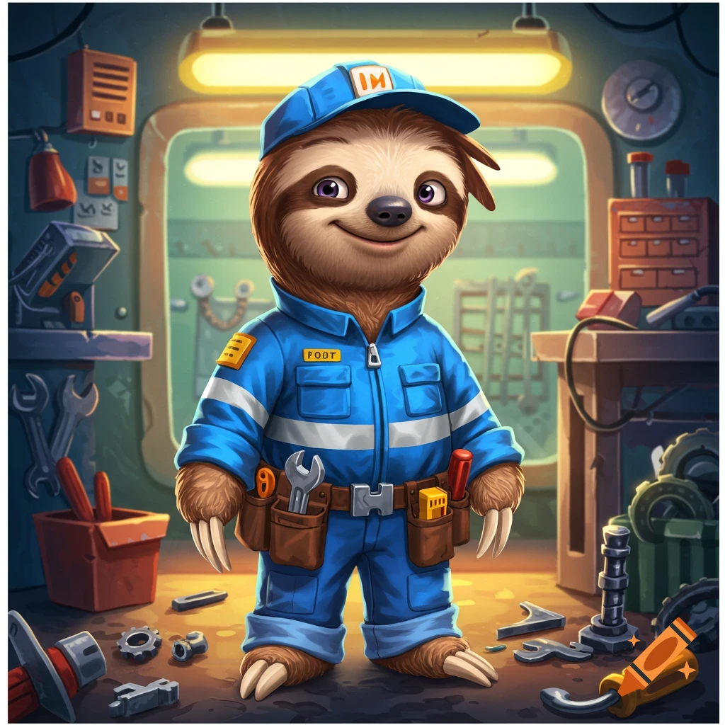 A cartoon sloth in a blue maintenance uniform with tools on its belt, standing in a workshop.