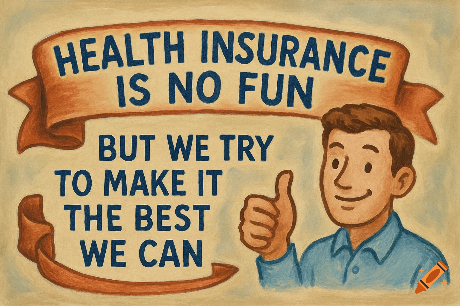 A cartoon man gives a thumbs-up next to a banner with text that reads: "HEALTH INSURANCE IS NO FUN BUT WE TRY TO MAKE IT THE BEST WE CAN". The image has a hand-drawn, colored pencil style.
